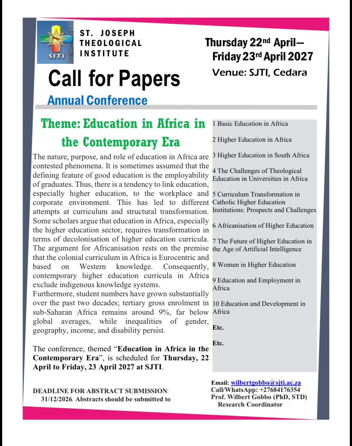 Call for Papers: St Joseph's Theological Institute – Catholic Institute ...